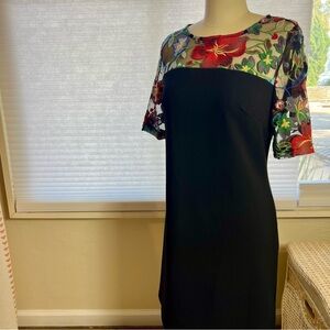 Nina Leonard Black Dress with Colorful Embroidery Floral Design